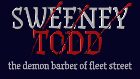 Sweeney Todd the demon barber of Fleet Street. The words Sweeney Todd have been slashed with a knife and are bloodied