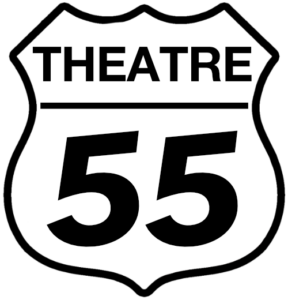 Logo for Theatre 55. Black text and lines on white background. The outline looks like a US Highway sign