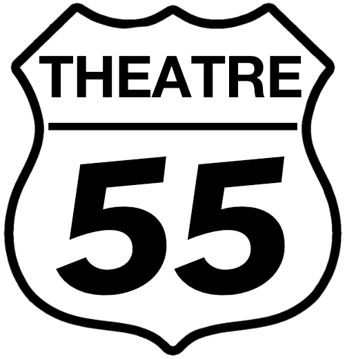 Logo for Theatre 55. Black text and lines on white background. The outline looks like a US Highway sign