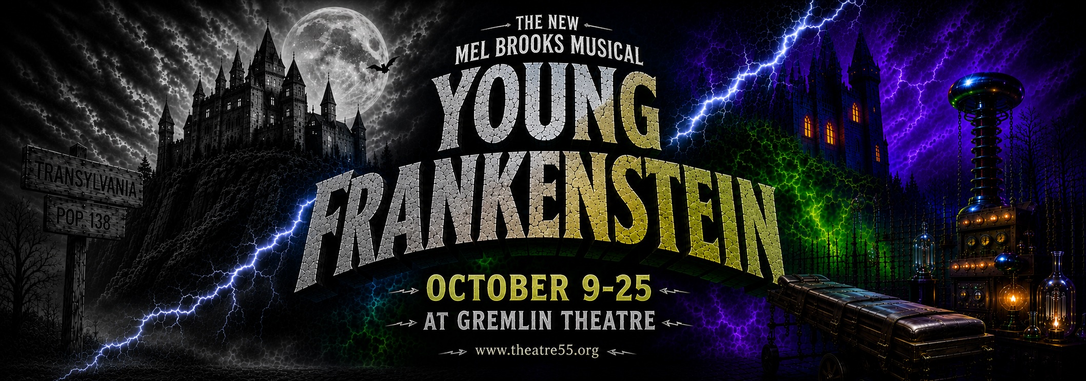 Spooky banner with a full moon and castle in silhouette on the left side of the image in black & white, and a laboratory on the right in purples and greens. The title of the show, Mel Brooks' Young Frankenstein, October 9-25 at Gremlin Theatre is in the center of the image